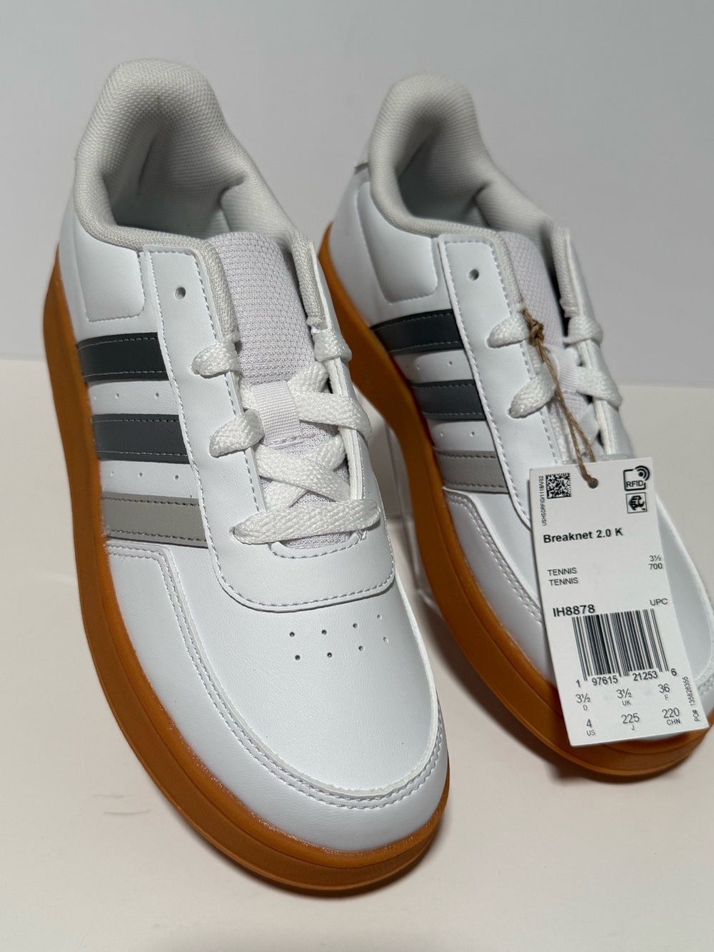 adidas White Sneakers with Gray Stripes and Gum Outsole